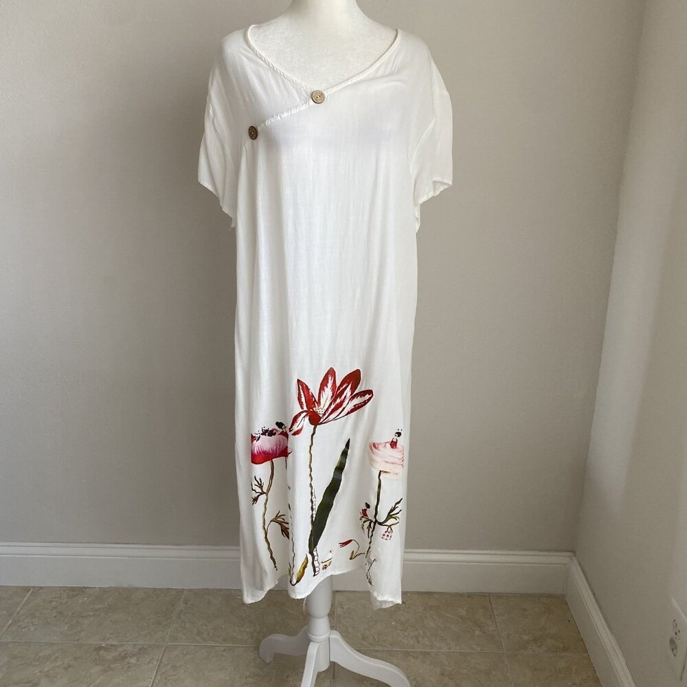 Misslook Womens 2XL Dress White Boho Lagenlook Flower Fairy Print Buttons